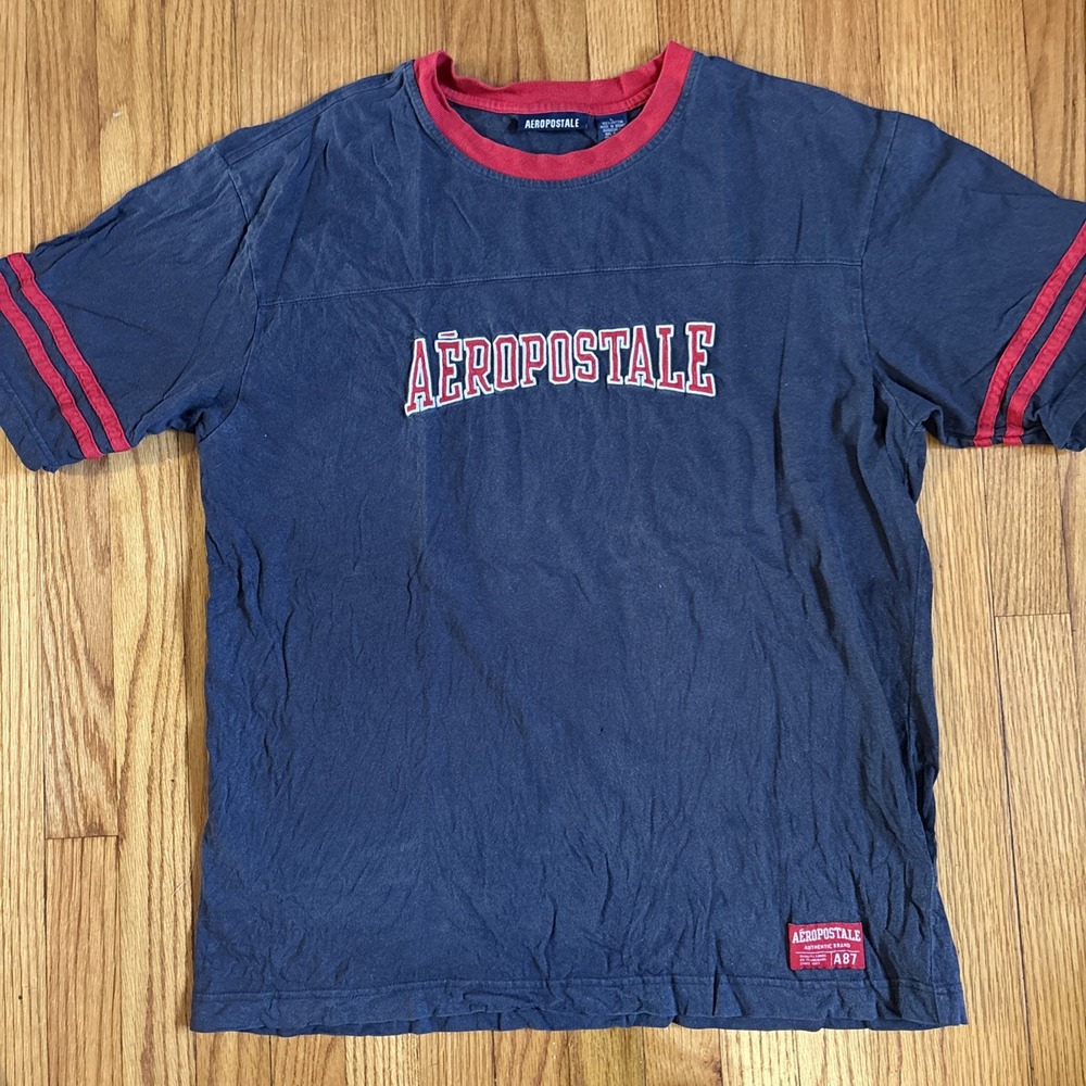 Vintage Dark Blue Aeropostale Embroidered Spellout T-Shirt Size Large